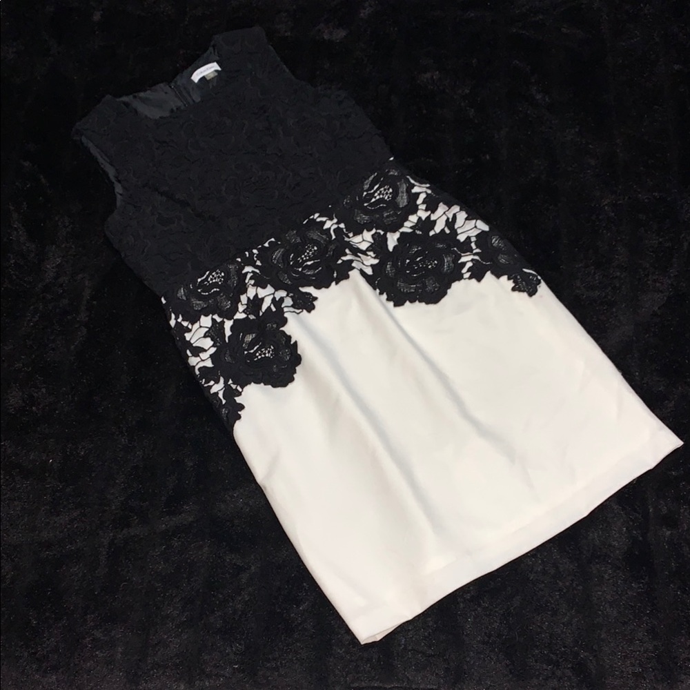 Calvin Klein Black and Cream Sheath Midi Dress Halter Neckline